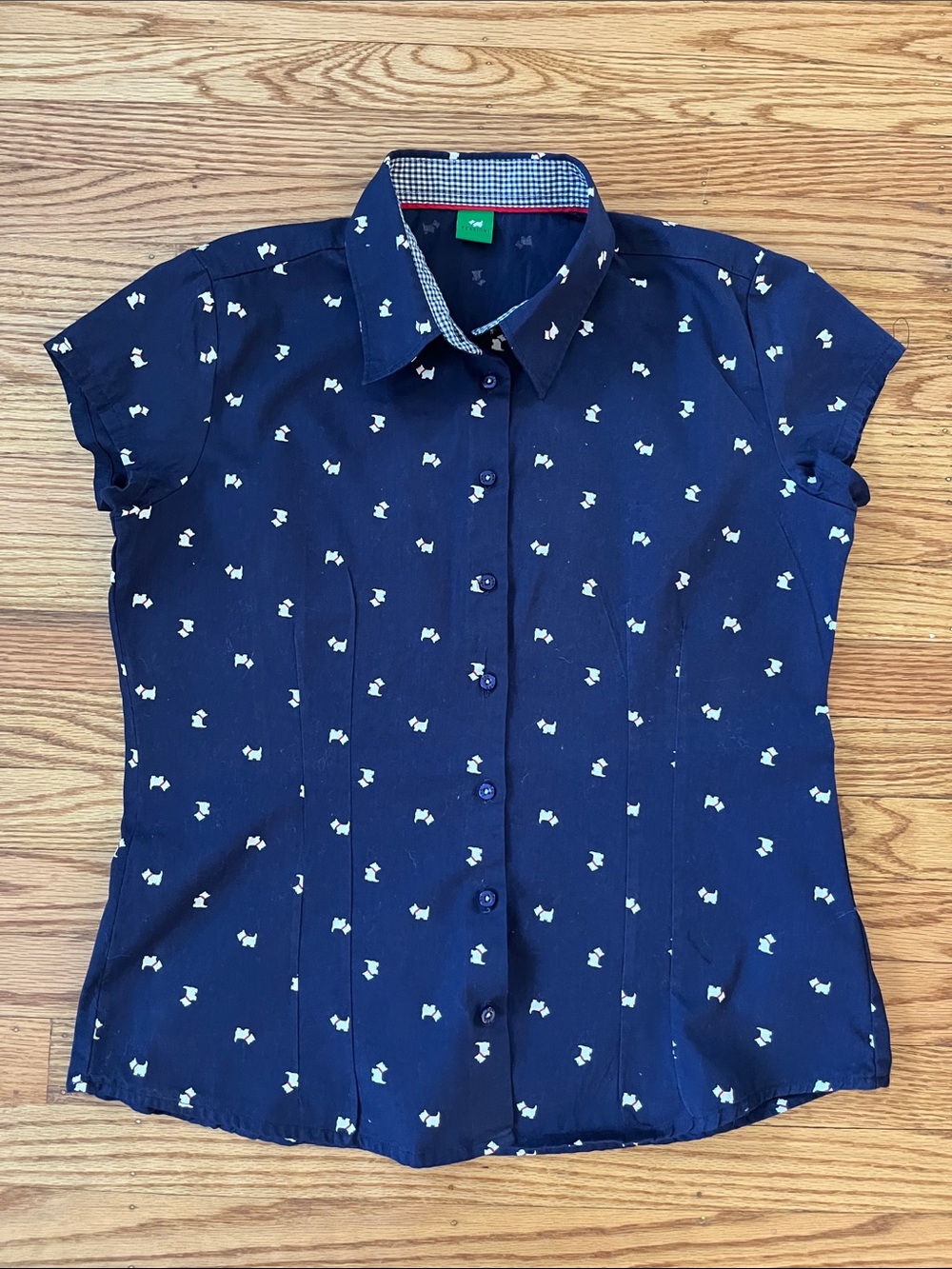 Ferrioni Navy Dog Print Button Up Blouse Size M Short Sleeve